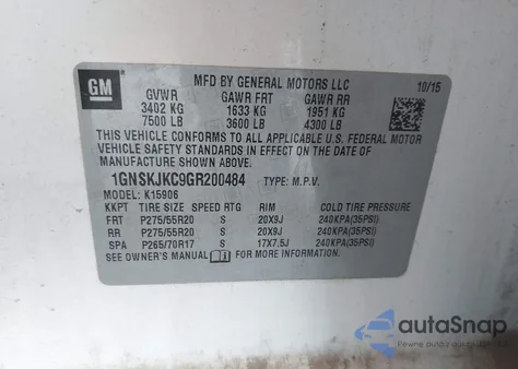 2016 Chevrolet Suburban Ltz from USA, damaged, VIN 1GNSKJKC9GR200484